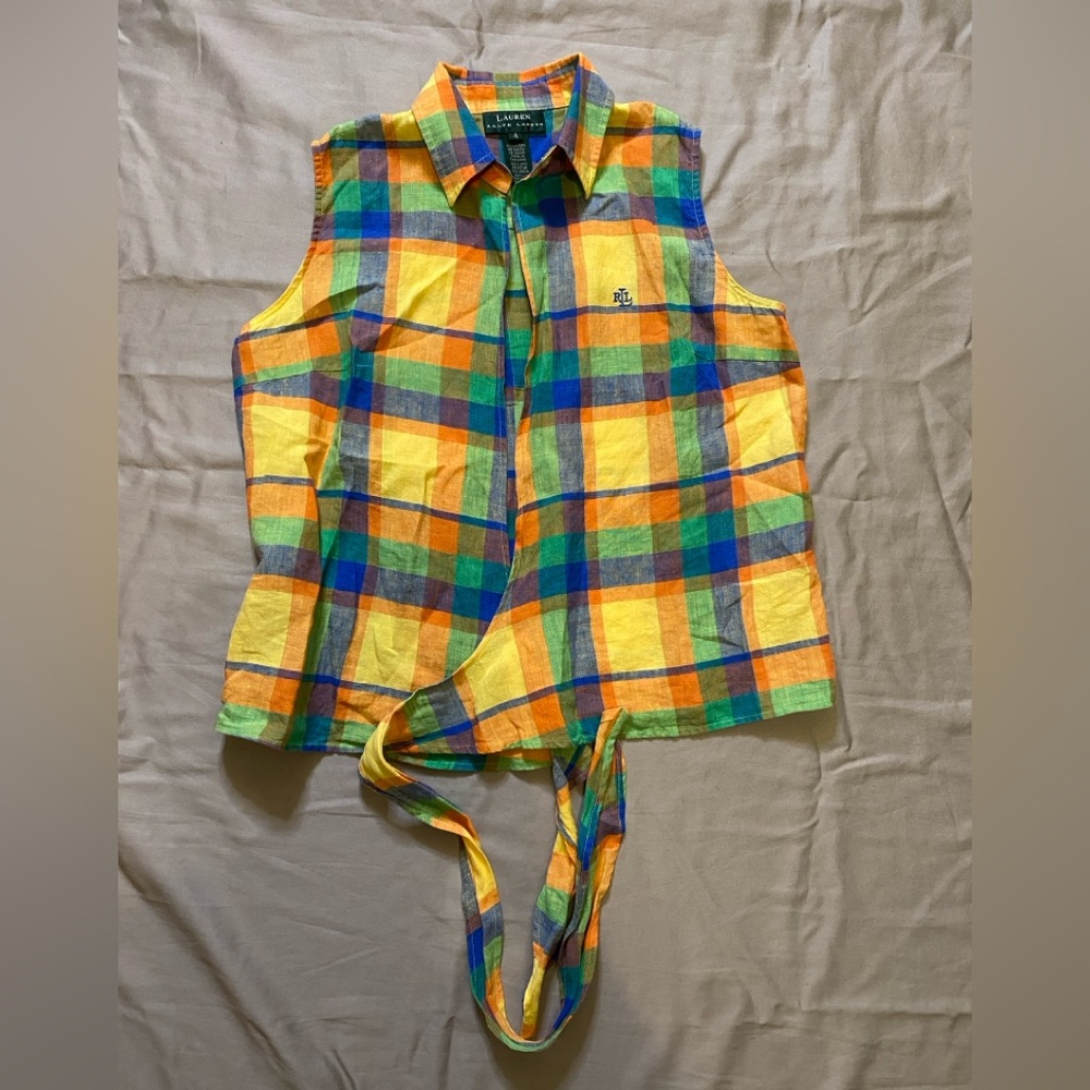 Ralph Lauren 100% linen Vibrant Plaid Tie-Front Top Size 4